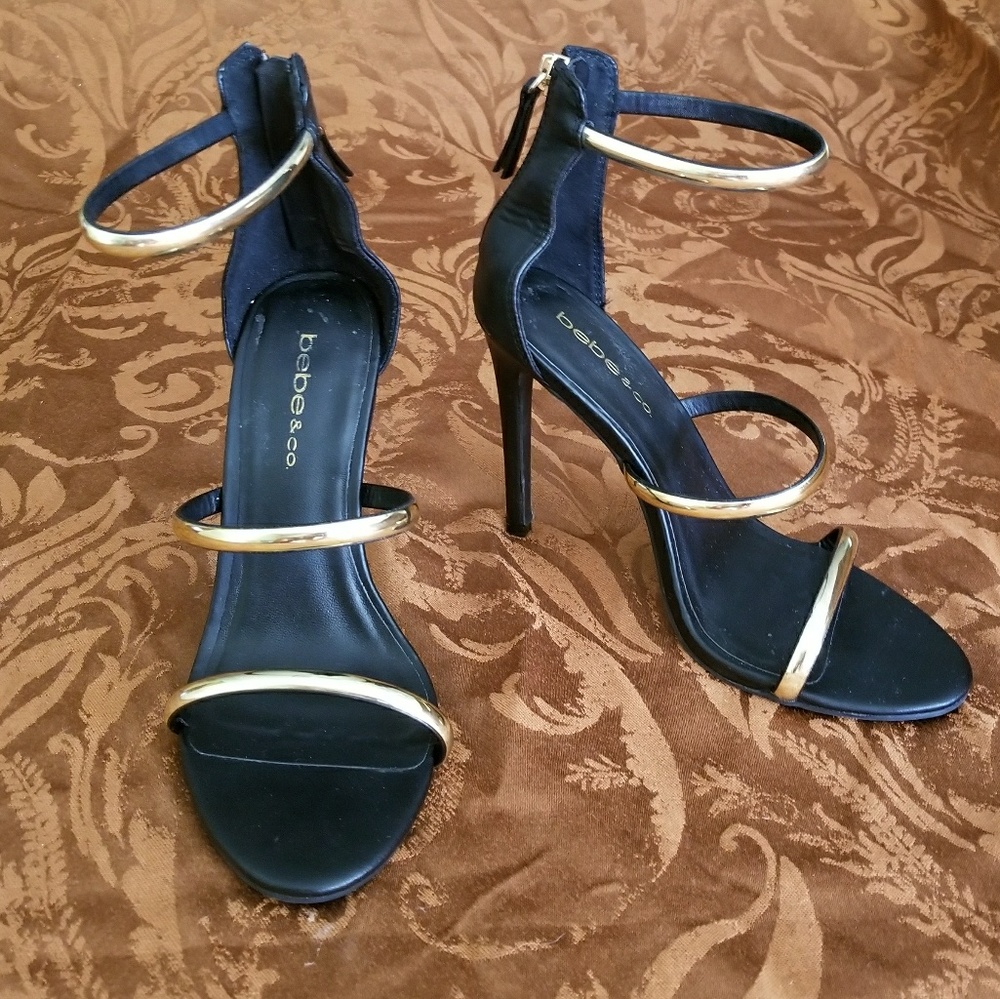 bebe Black and Gold Strappy Heels